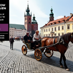 **

A sound artist recording the bustling sounds of Kraków's Old Town square. Capture the vibrant atmosphere: horse-drawn carriages, chattering tourists, the click of heels on cobblestones, and the historical architecture in the background. The artist should be holding a professional microphone, focused and immersed in the soundscape. The overall feeling is one of discovery and connection to the city's history through sound. Use a realistic, slightly painterly style.

**