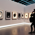 **Immersive Museum Soundscape:** "A modern art gallery installation, featuring abstract ambient sounds, glowing speakers, and visitors experiencing the sonic environment. Focus on creating a sense of mystery and wonder. Soft lighting, muted colors."