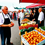 **

A bustling Polish farmer's market scene. Various vendors are selling fresh produce, with a traditional Polish folk band playing in the background. People of different ages are present, representing various lifestyles and tastes. Focus on creating a vibrant and immersive soundscape through visual representation, portraying the emotions the sounds evoke within the listeners.

**
