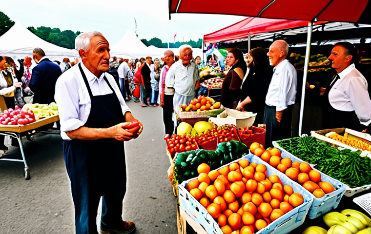 **

A bustling Polish farmer's market scene. Various vendors are selling fresh produce, with a traditional Polish folk band playing in the background. People of different ages are present, representing various lifestyles and tastes. Focus on creating a vibrant and immersive soundscape through visual representation, portraying the emotions the sounds evoke within the listeners.

**