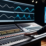 A professional sound artist, fully clothed in modest business casual attire, stands intently at a sleek, modern mixing console in a dimly lit studio. Behind them, a large screen displays abstract, flowing sound waves evolving from chaotic static into organized, harmonious patterns, subtly hinting at an invisible architecture of sound. The scene captures a moment of deep focus and artistic transformation. High-detail, professional photography, perfect anatomy, correct proportions, natural pose, well-formed hands, proper finger count, natural body proportions, safe for work, appropriate content, fully clothed, professional.