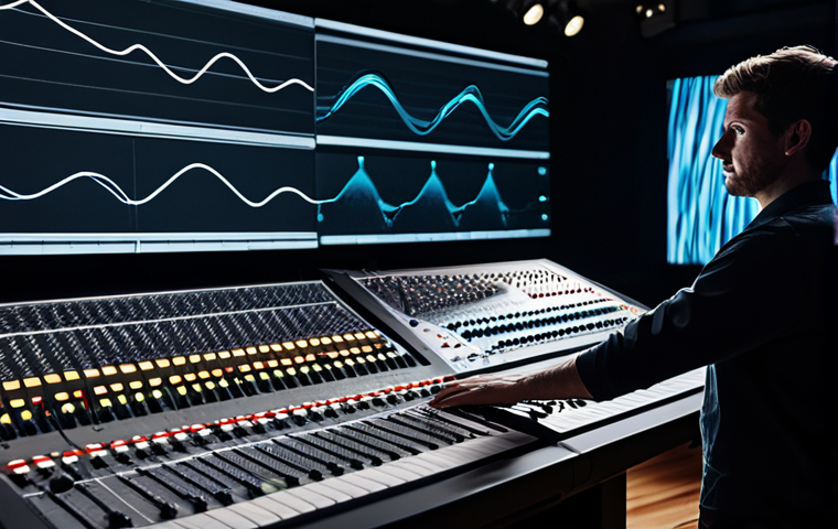 A professional sound artist, fully clothed in modest business casual attire, stands intently at a sleek, modern mixing console in a dimly lit studio. Behind them, a large screen displays abstract, flowing sound waves evolving from chaotic static into organized, harmonious patterns, subtly hinting at an invisible architecture of sound. The scene captures a moment of deep focus and artistic transformation. High-detail, professional photography, perfect anatomy, correct proportions, natural pose, well-formed hands, proper finger count, natural body proportions, safe for work, appropriate content, fully clothed, professional.